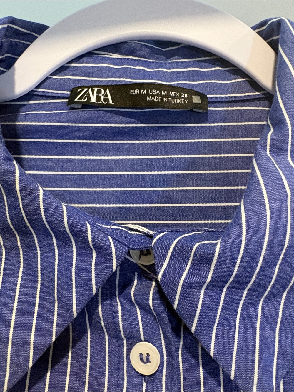 Zara Button Down Shirt, Cotton Poplin, Cropped, Blue & White Stripe, M - Picture 9 of 13